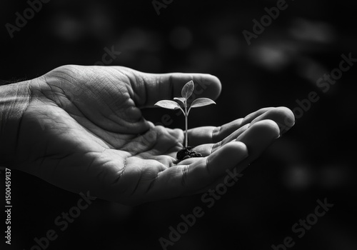 Photo of Hand Holding Seedling Symbolizing Growth in Black and White