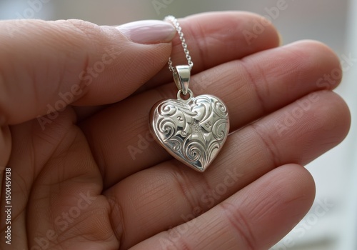 Photo of Hand Holding Silver Heart Pendant Necklace Close Up
