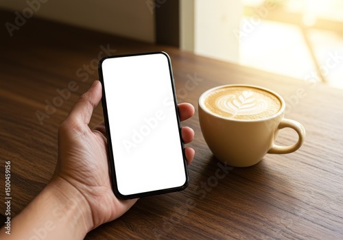 Photo of Hand Holding Smartphone with Blank White Screen Next to Latte Coffee Cup on Wooden Table
