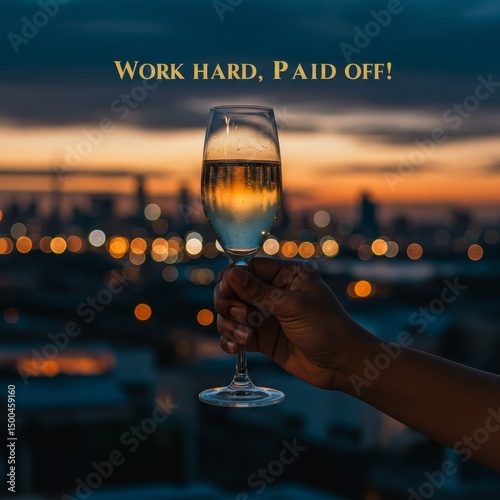 Photo of Hand Raising Champagne Toast Over Cityscape At Sunset
