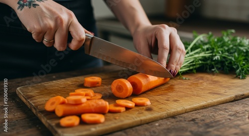 Photo of Hands Cutting Carrot on Wooden Board in Kitchen Close Up