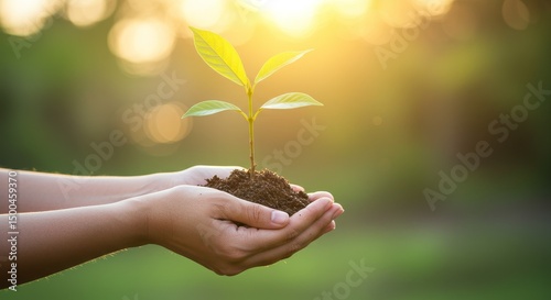 Photo of Hands Holding a Sprout Plant with Soil in the Sun, Green Background