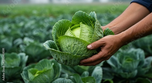 Photo of Hands Holding Fresh Green Cabbage with Water Drops and Green Field