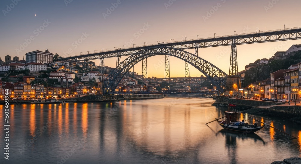 Fototapeta premium Photo Of Iconic Arch Bridge Over Douro River In Porto Portugal At Dusk