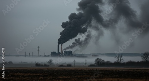 Photo of Industrial Factory with Smoke Plumes Against Foggy Sky Environment