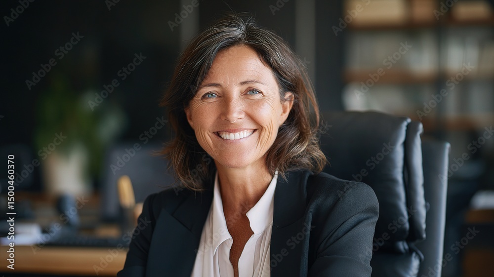 Fototapeta premium Mature Female Professional in Formal Suit Smiling in Office Setting