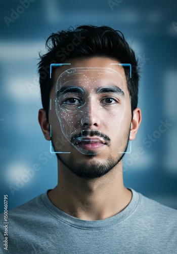 Photo Of Man With Facial Recognition Scan In Blue Tone And Grid Background