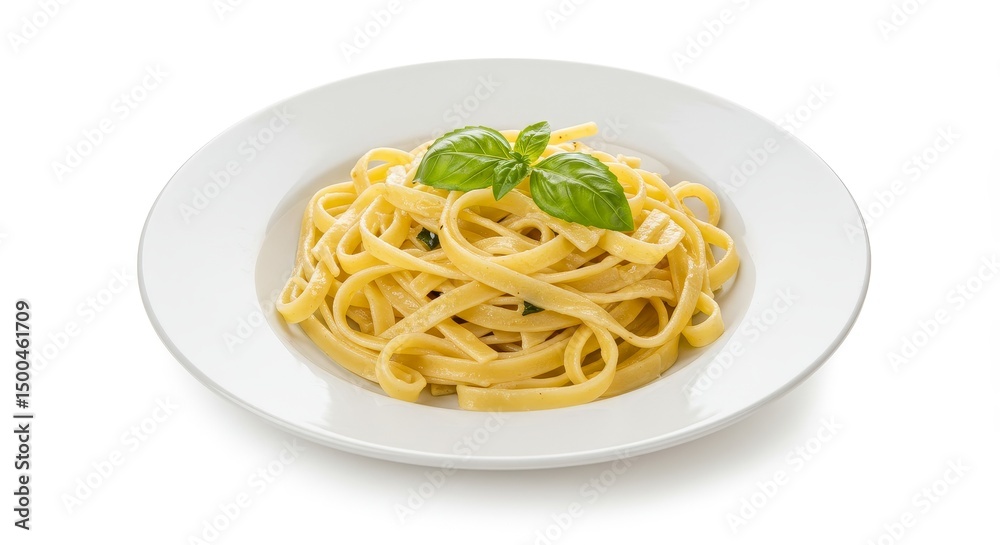 Photo of Pasta Dish with Fresh Basil on a White Plate Isolated Photo of Pasta Dish with Fresh Basil on a White Plate Isolated