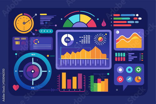 Business person interacting with a futuristic digital marketing interface, showcasing online advertising analytics, data charts, email marketing, and campaign performance metrics on a virtual screen. 