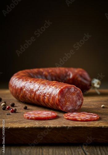 Photo Of Sliced Sausage On Wooden Board With Spices Close Up Texture