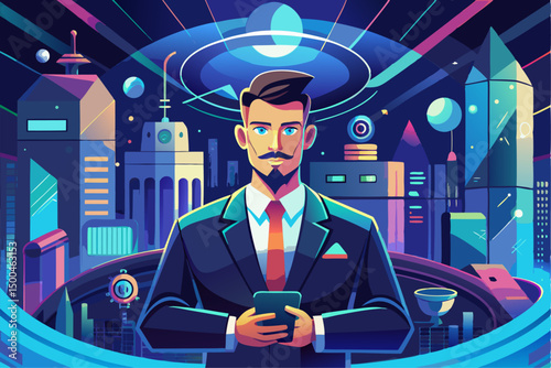 Business person interacting with a futuristic digital marketing interface, showcasing online advertising analytics, data charts, email marketing, and campaign performance metrics on a virtual screen. 