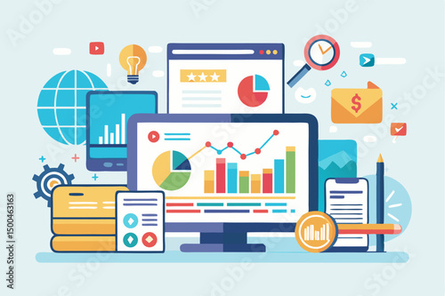 Business person interacting with a futuristic digital marketing interface, showcasing online advertising analytics, data charts, email marketing, and campaign performance metrics on a virtual screen. 