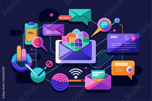 Business person interacting with a futuristic digital marketing interface, showcasing online advertising analytics, data charts, email marketing, and campaign performance metrics on a virtual screen. 