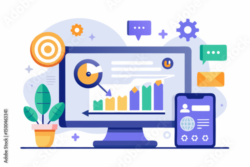 Business person interacting with a futuristic digital marketing interface, showcasing online advertising analytics, data charts, email marketing, and campaign performance metrics on a virtual screen. 