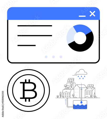 Chart in interface window, Bitcoin symbol, houses with water recycling setup and renewable energy. Ideal for finance, cryptocurrency, sustainability, innovation, technology, infrastructure