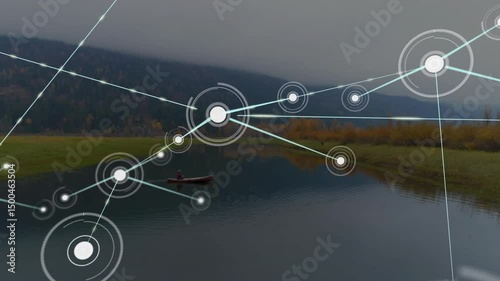 Man paddling canoe across river, initiating animated network nodes linking into tech visualization