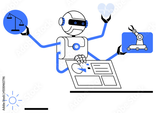 Futuristic robot juggling tasks with law scales, heart health, robotic arm, and interactive data screen. Ideal for technology, ethics, automation, innovation, health balance simple landing page