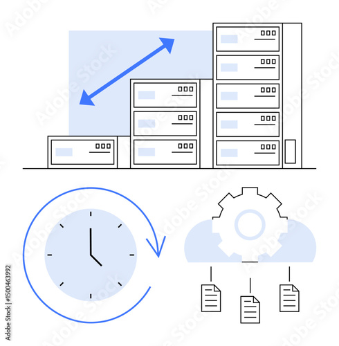 Data servers with growth arrow, clock indicating time management, cloud gear, and files symbolize data scaling, cloud computing, automated workflow, operational efficiency. Ideal for technology