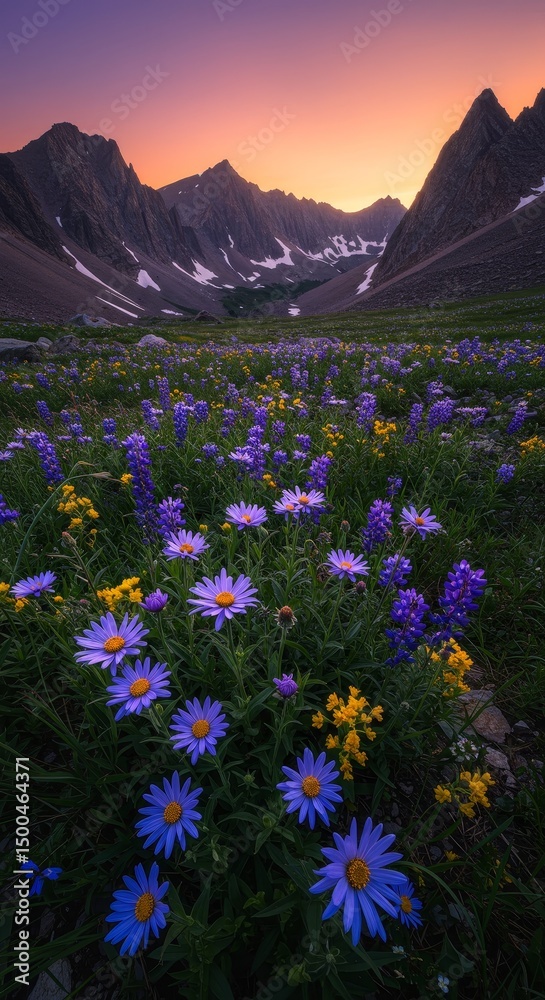 Fototapeta premium Photo Of Vibrant Wildflower Meadow With Mountains During Sunset