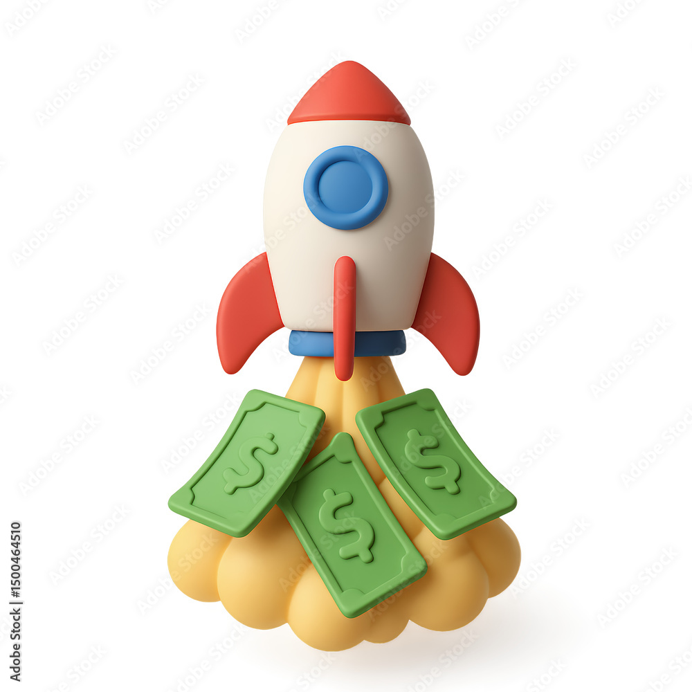 3D render of a cartoon rocket launching from a cloud of money, concept for financial growth and investment success 3D render of a cartoon rocket launching from a cloud of money, concept for financial growth and investment success