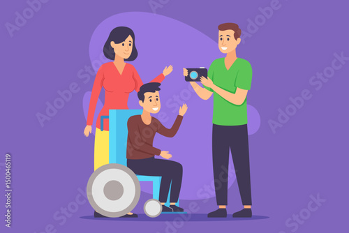 Cheerful family interacting happily, with one person using wheelchair. Laughter filling atmosphere as they engaging in cheerful conversation and taking pictures together