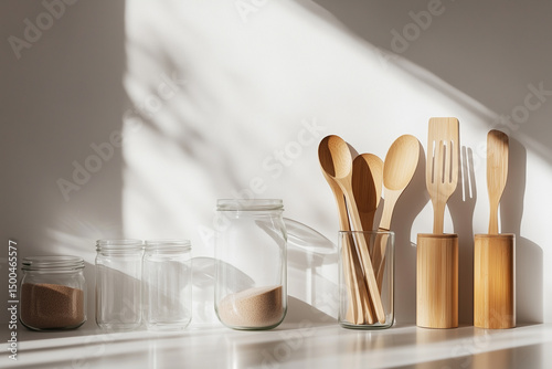 Minimalist kitchen with reusable glass and wooden utensil bath natural light from window.  Sustainable lifestyle.