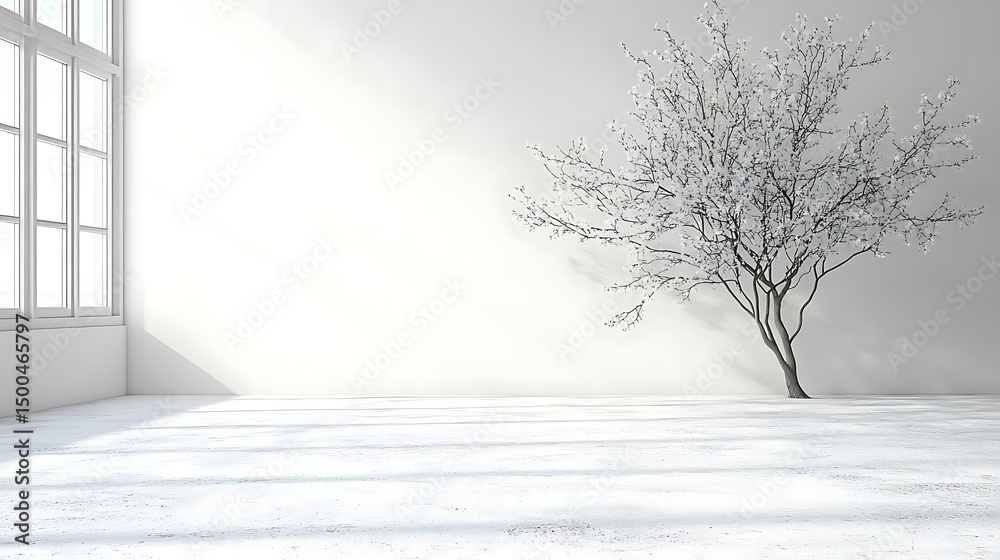 Fototapeta premium Minimalist room, winter tree, sunlight