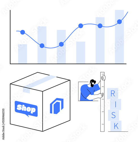 Chart of financial growth, online shopping box, and person measuring risk level on a tower. Ideal for business analysis, e-commerce, risk management, growth tracking, data visualization, financial