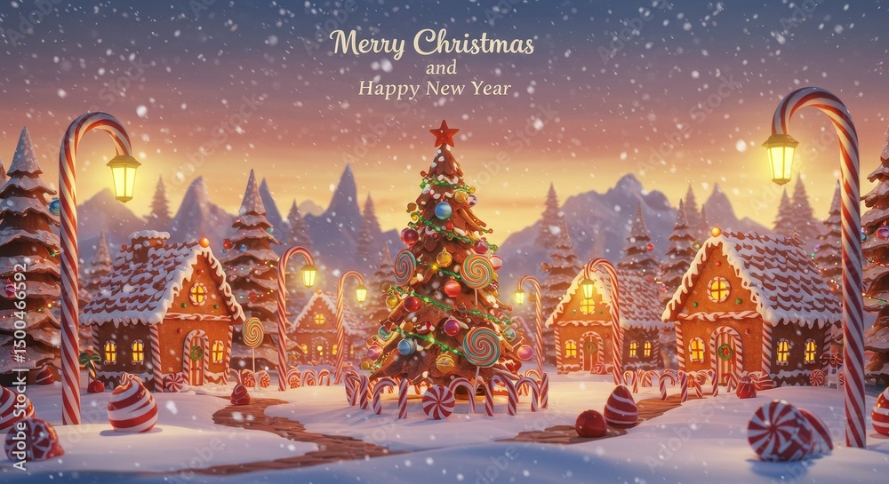 Fototapeta premium Pixelated Christmas Village Scene With Snow Falling and Festive Decorations