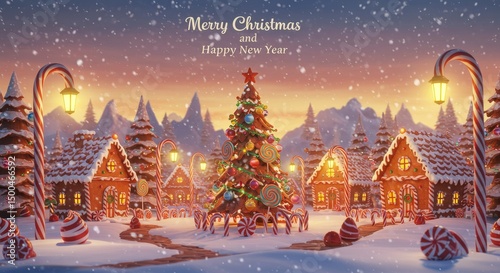 Pixelated Christmas Village Scene With Snow Falling and Festive Decorations