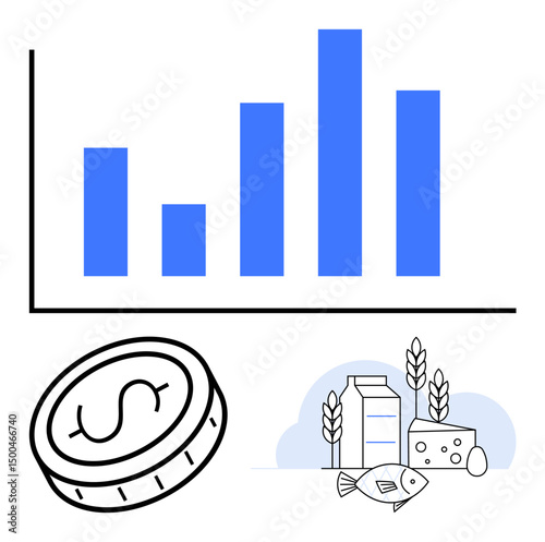 Bar graph depicting growth data, coin representing financial value, and food items thumbs up fish, cheese, and milk alongside wheat. Ideal for business analysis, economics, agriculture, finance food