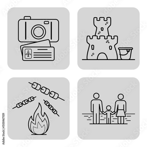Collection of icons depicting summer activities; capturing moments with camera, building sandcastles, roasting skewers over fire, and enjoying family time on beach