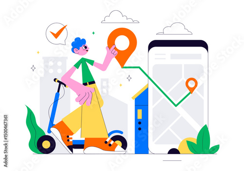 Electric Scooter Rental Service Vector Illustration featuring Transportation You Can Rent for a Quick and Eco Friendly Ride in a Flat Style Background