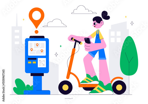 Electric Scooter Rental Service Vector Illustration featuring Transportation You Can Rent for a Quick and Eco Friendly Ride in a Flat Style Background
