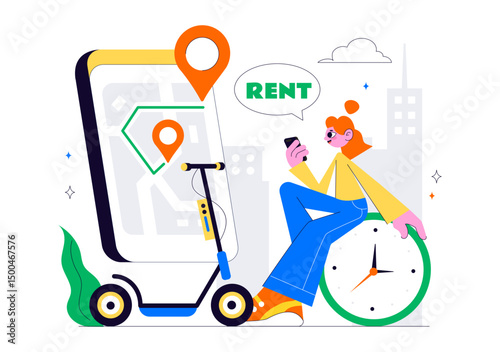 Electric Scooter Rental Service Vector Illustration featuring Transportation You Can Rent for a Quick and Eco Friendly Ride in a Flat Style Background