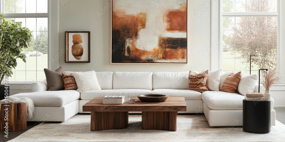 Fototapeta premium Modern living room with a sectional sofa, large abstract art, and natural elements