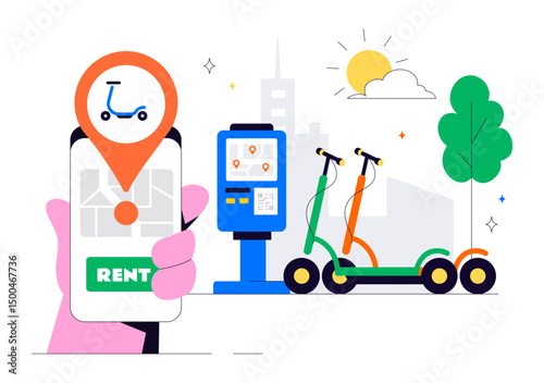 Electric Scooter Rental Service Vector Illustration featuring Transportation You Can Rent for a Quick and Eco Friendly Ride in a Flat Style Background