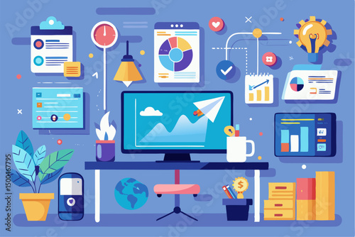 Business person interacting with a futuristic digital marketing interface, showcasing online advertising analytics, data charts, email marketing, and campaign performance metrics on a virtual screen. 