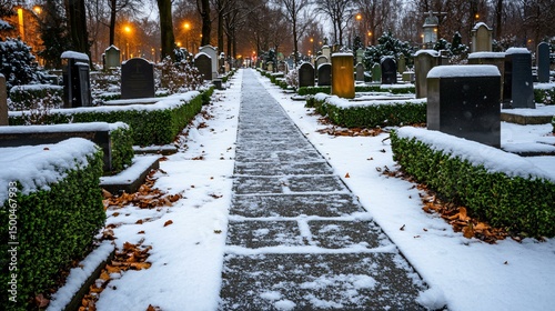 A cold winter dusk shot with headstone tops dusted in snow, evergreen hedges forming neat borders, and warm light glowing from a distant remembrance chapel