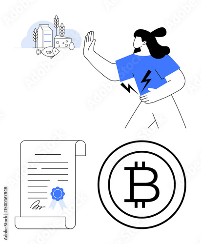 Woman pushing away dairy products, highlighting sustainable choices. Includes blockchain-certified document and Bitcoin logo. Ideal for sustainability, blockchain, cryptocurrency, minimalism