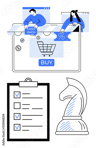 Digital shopping cart with Buy button, users highlighting cashback and discounts. Includes checklist and chess knight symbolizing strategic planning. Ideal for e-commerce, strategy, business