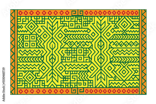 A vector background displays a colorful traditional ethnic pattern, featuring geometric shapes and bold lines that celebrate cultural artistry and vibrant heritage.


