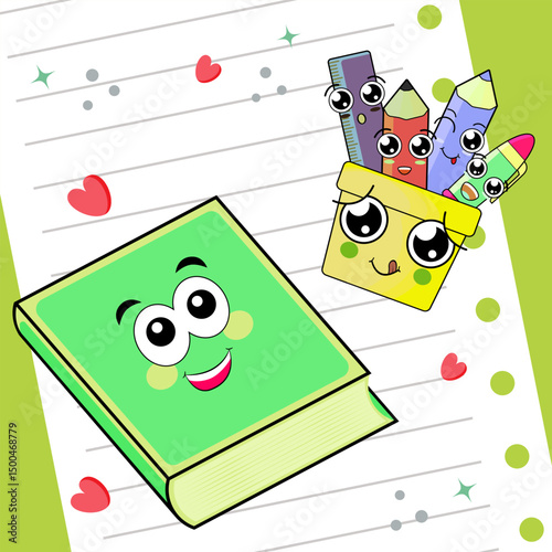 Hand Drawn cartoon characters of school stationary Set. Back to school kawaii characters