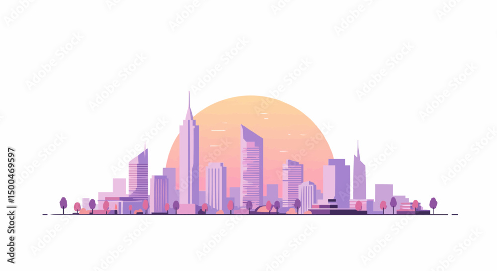 Fototapeta premium Flat vector illustration of a modern city skyline at sunset,