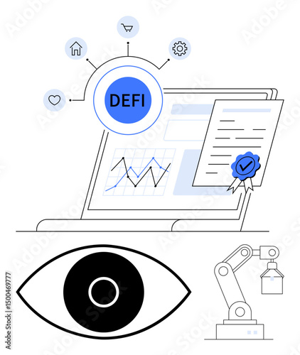 Laptop with decentralized finance apps, analytics charts, smart contract, automation arm, and eye symbolizing oversight. Ideal for finance, blockchain, innovation, security AI analytics simple