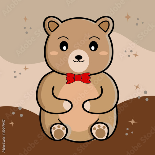 cartoon of brown teddy bear with a red bow. It is a kawaii character cartoon. 