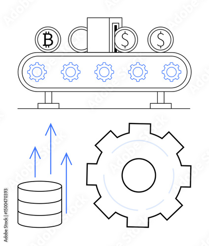 Conveyor belt with cryptocurrency coins, gear mechanism, upward arrows, and data stack. Ideal for technology, blockchain, automation, business growth, financial operations innovation simple landing