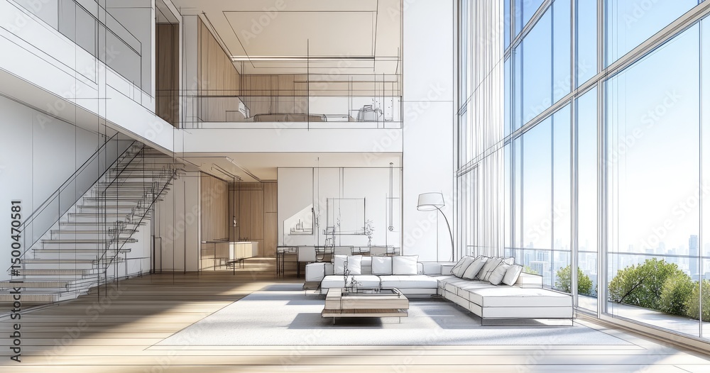 Fototapeta premium Interior design sketch of a modern penthouse