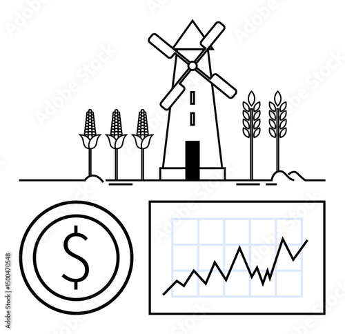 Windmill surrounded by corn and wheat, dollar symbol inside a coin, financial chart with upward trend. Ideal for agriculture, finance, investment, sustainability, growth, farming simple landing page