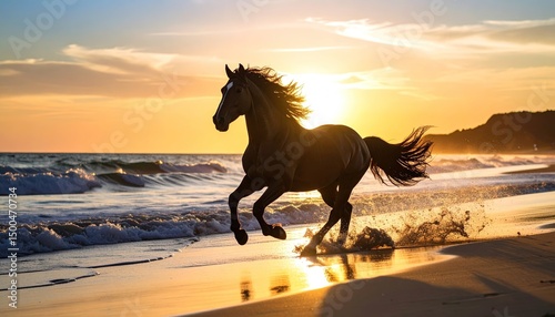 Horse running sunset beach. (1)